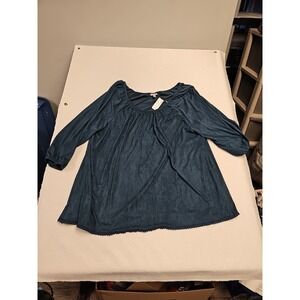 Avenue Shiny Velvet Velour Blue Tunic Top  3/4 Sleeve‎ Boho 22/24 2X Plus New